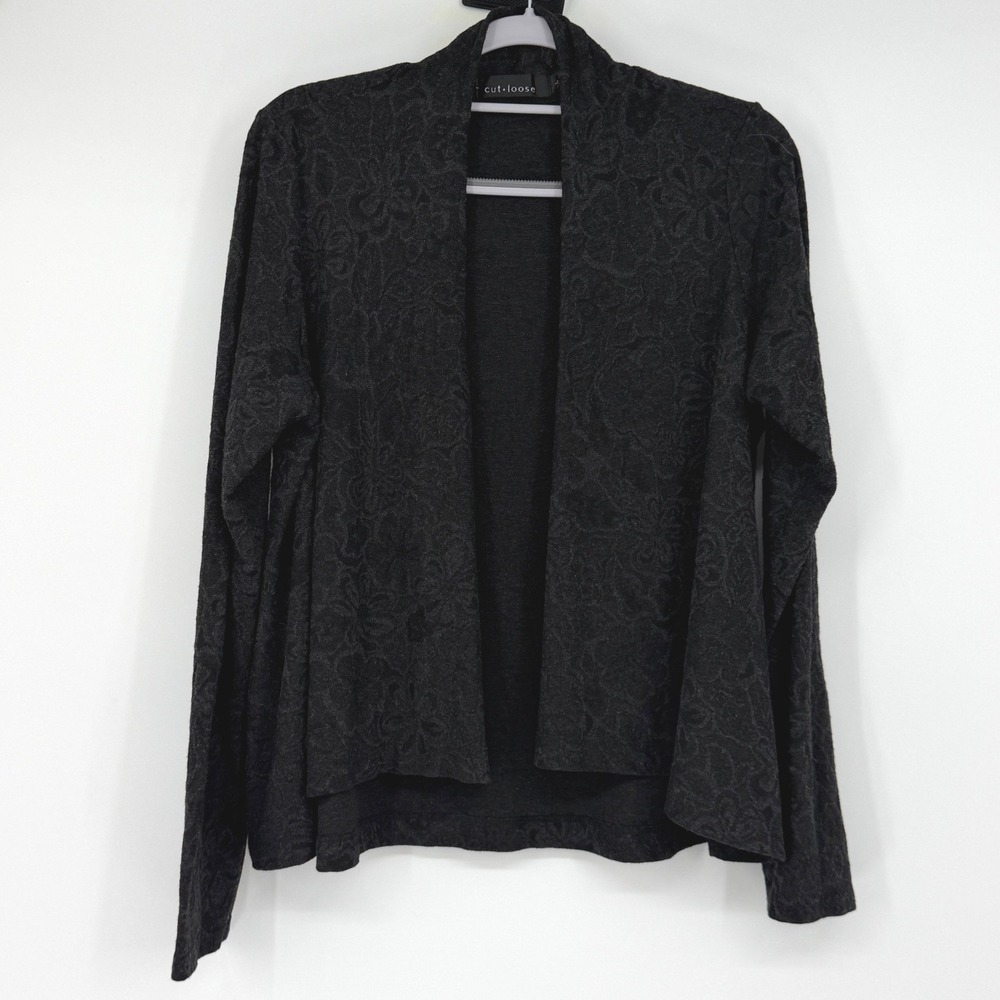 Cut Loose Cardigan Womens Large Black Gray Floral Jacquard Open Front USA